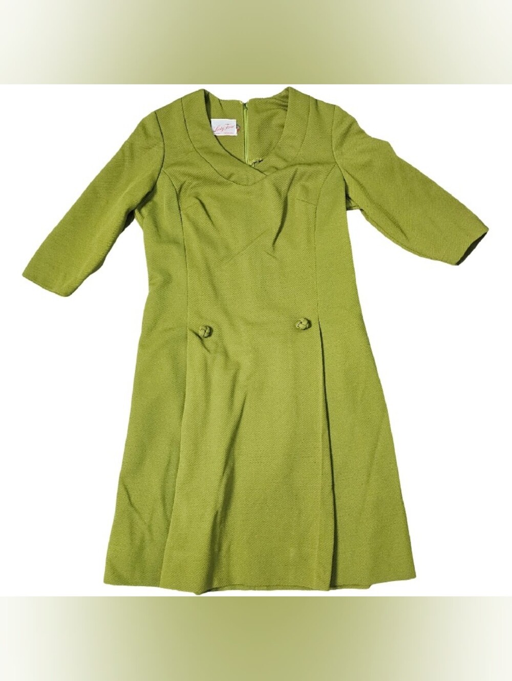 Vintage Lady Fame Mod 60s Dress Size Med/Large Avocado Green Textured Midi